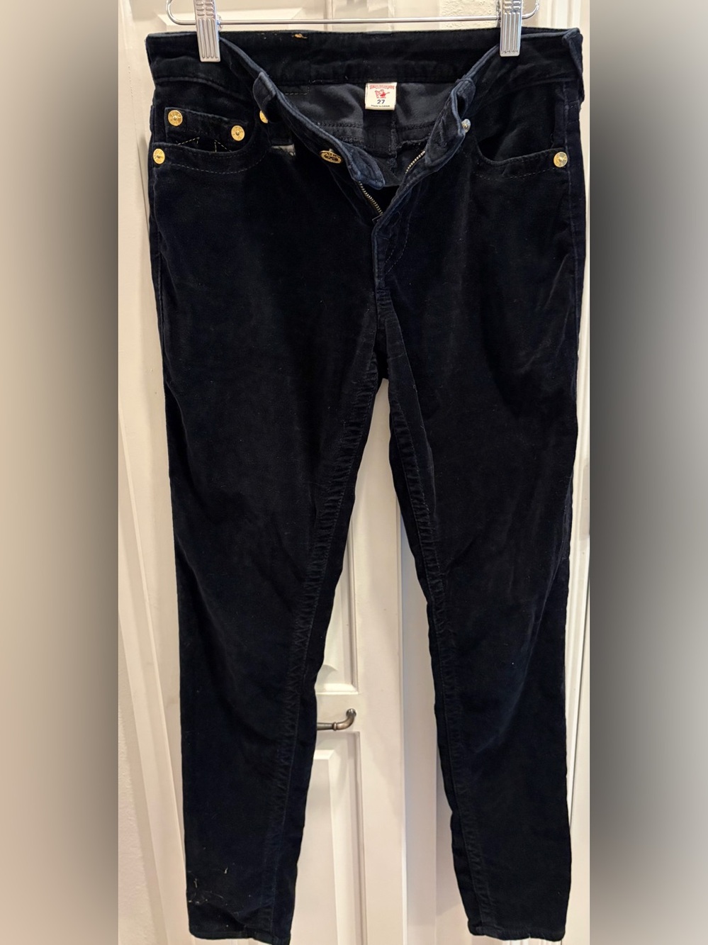 NWOT TRUE RELIGION Velvet Navy Corduroy Women's Jeans with Gold Accent - Size 27